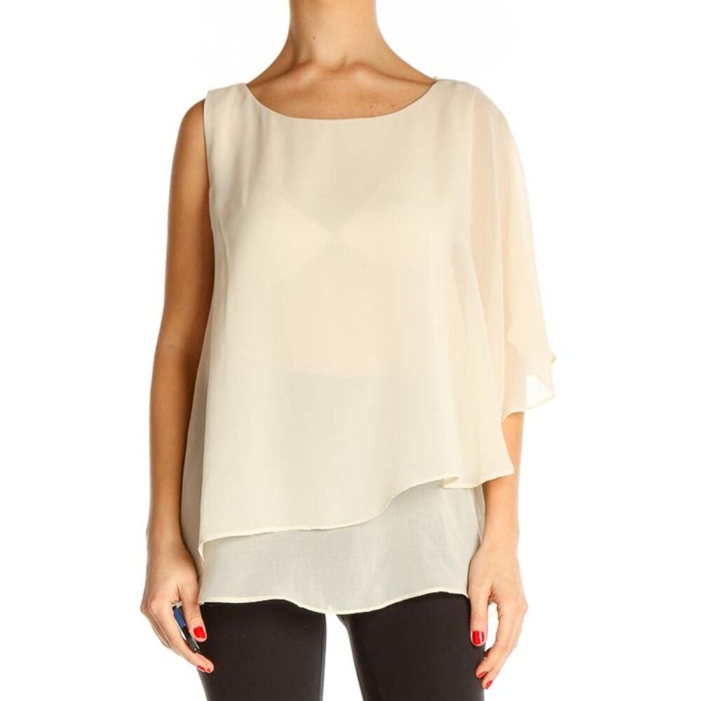 Pleione Beige Solid Casual Blouse